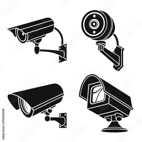 Collection of four distinct black silhouette security surveillance cameras mounted on white background for monitoring and protection