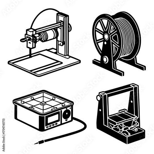 Set of four black and white isometric icons representing 3d printing equipment including a printer filament spool control box and build plate