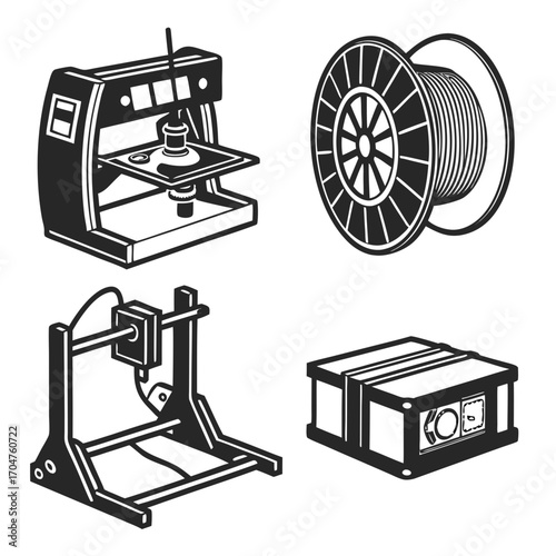 Collection of four black and white stylized illustrations of 3d printing equipment including two printers a spool of filament and a control box