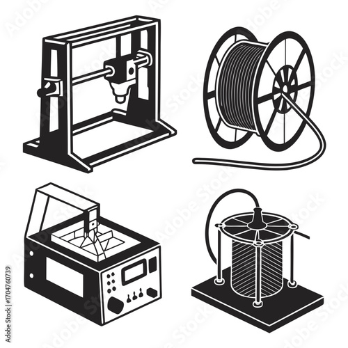 Collection of industrial equipment icons including a 3d printer wire spool laboratory device and coil