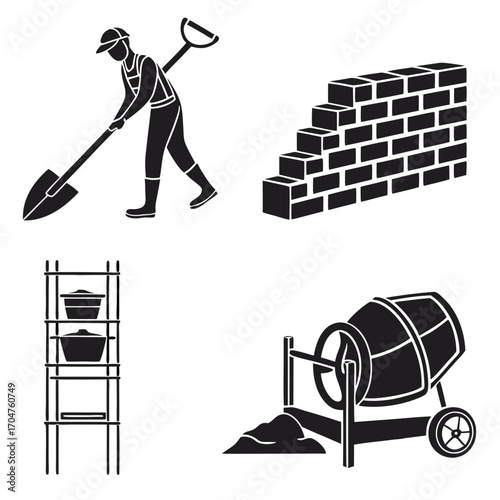 Construction worker with shovel brick wall material rack and concrete mixer icons representing building and renovation projects
