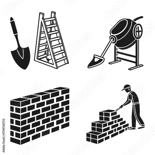 Construction scene featuring a shovel ladder cement mixer brick wall and a bricklayer building a wall
