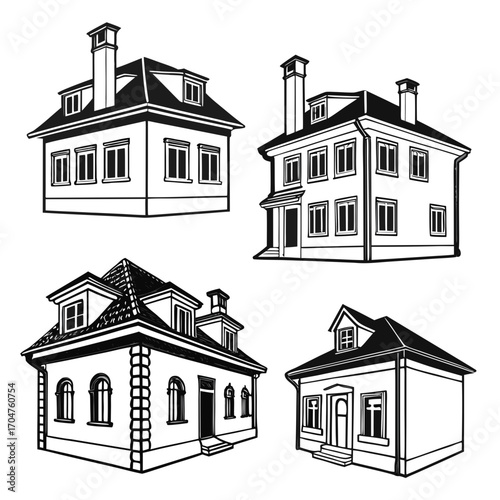 Collection of four distinct black and white line art illustrations of charming residential houses with architectural details