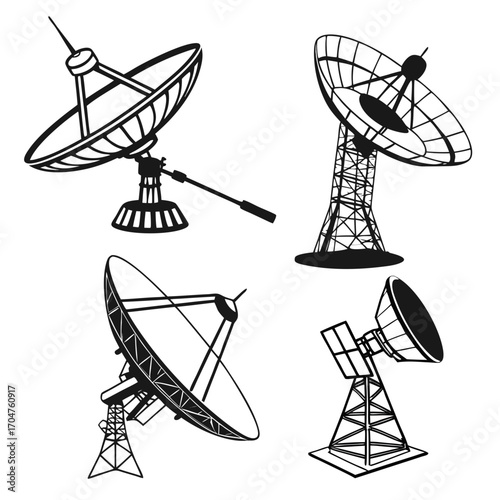 Collection of four distinct satellite dishes and radio telescopes in black silhouette on white background