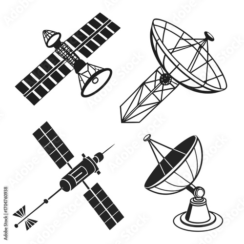 Collection of black and white vector illustrations of satellites and satellite dishes against a white background