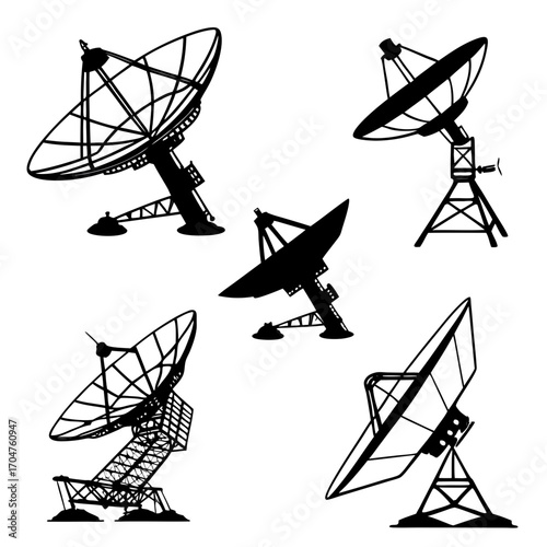 Collection of five distinct black silhouette satellite dishes and radio telescopes on a white background