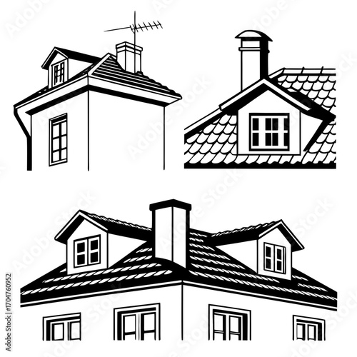 Architectural illustration of building rooftops featuring dormer windows chimneys and antennas in a clean black and white graphic style
