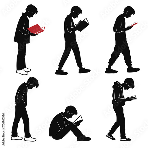 Collection of diverse silhouettes of young men engaged in reading books in various poses and settings