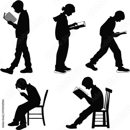 Diverse silhouettes of young boys engaged in reading books in various poses and settings illustrating education and leisure activities