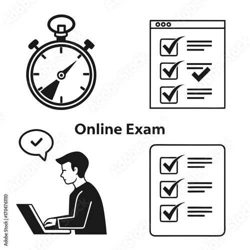 Online exam concept with a stopwatch a person using a laptop and checklist icons representing assessment and evaluation