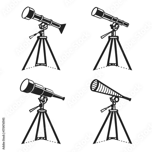 Collection of four stylized black and white vector illustrations of telescopes on tripods for astronomical observation