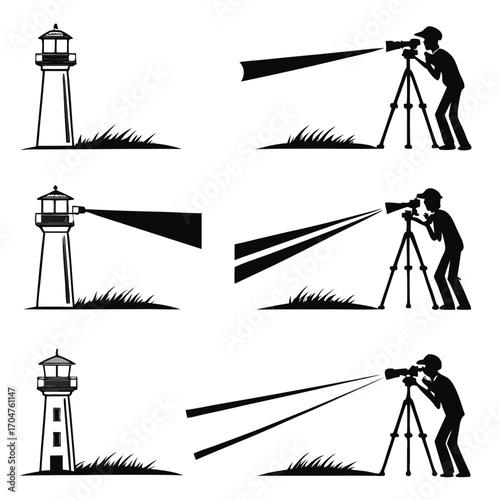 Silhouette of a lighthouse and a photographer with a camera on a tripod capturing light beams