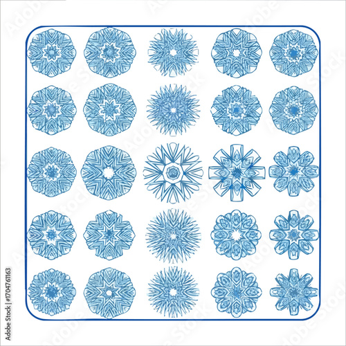 A collection of intricate blue geometric patterns resembling snowflakes or diatoms.