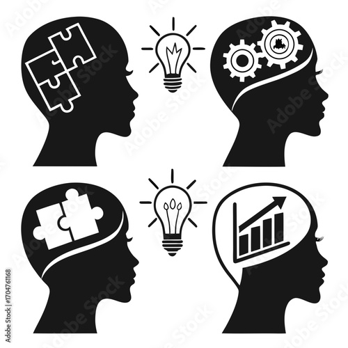 Conceptual silhouettes of human heads representing different aspects of thinking problem solving and idea generation