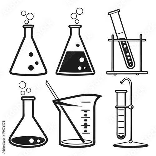 Collection of black and white science laboratory equipment icons including beakers flasks and test tubes with bubbles