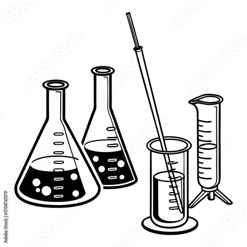 Black and white illustration of laboratory glassware including erlenmeyer flasks a graduated cylinder and a pipette filled with liquid