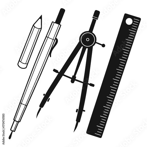 A set of drafting tools including a pencil compass and ruler presented as black silhouettes on a white background