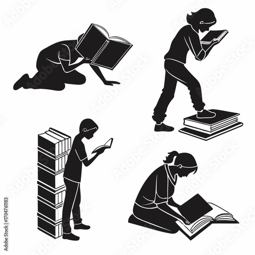 Diverse children and teens engaged in reading books in various dynamic poses and positions illustrating a love for literature and learning