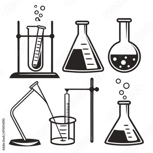 Collection of black and white scientific laboratory equipment icons including beakers flasks and test tubes with bubbles