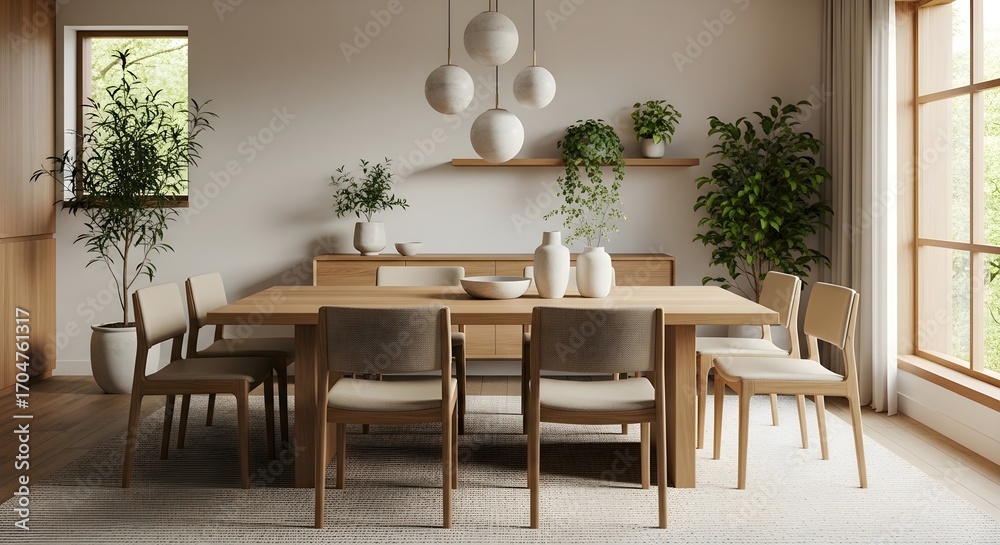 Fototapeta premium Modern dining room with light wood table chairs and minimalist decor interior
