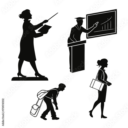 Diverse silhouettes of people in educational and professional settings including teachers students and professionals in various poses and activities
