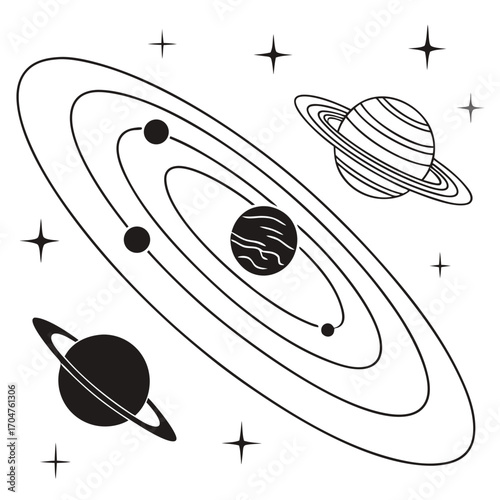 Stylized black and white illustration of planets orbiting a star with rings and stars scattered across the background
