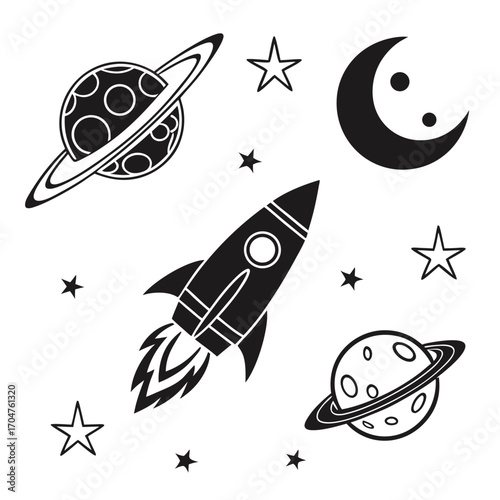 Whimsical black and white cartoon rocket ship soaring through space past planets and stars