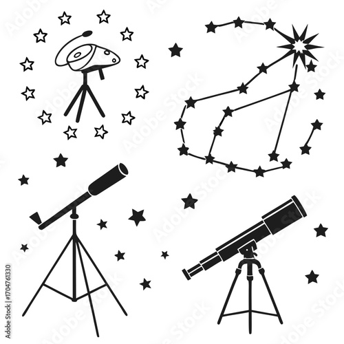 Collection of stylized black silhouette telescopes and star constellations with scattered stars on a white background