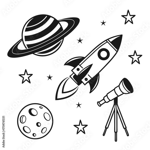 Whimsical black and white illustration of a rocket ship planet moon telescope and stars in outer space