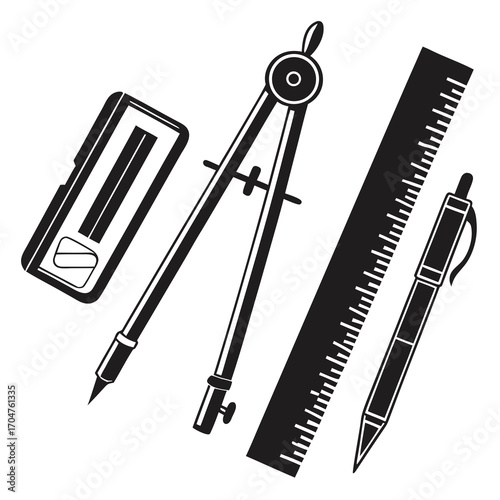 A collection of drafting tools including a compass ruler pen and sharpener presented in a clean black and white silhouette style