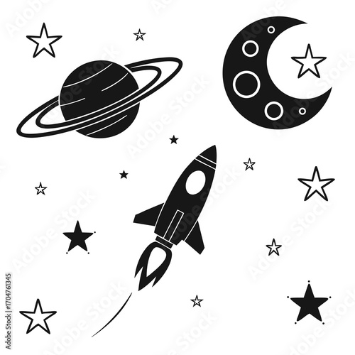 Whimsical black and white illustration of a rocket ship launching past saturn a crescent moon and stars in outer space