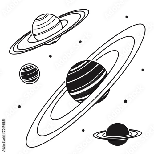 Stylized black and white illustration of ringed planets and small dots representing stars in outer space