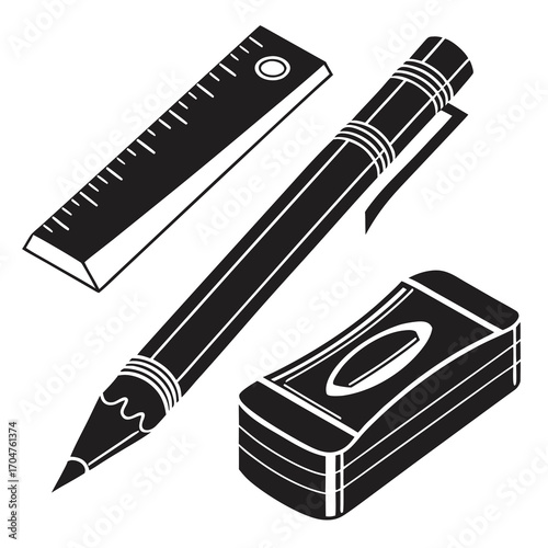 A black and white illustration of a pencil a ruler and an eraser on a white background representing school supplies and drawing tools