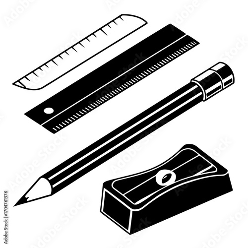 A collection of black and white isometric illustrations of school supplies including a pencil pencil sharpener and two rulers on a white background