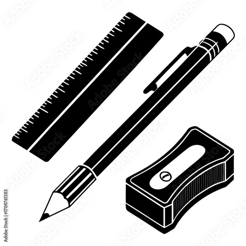 A black silhouette of a pencil ruler and pencil sharpener arranged on a white background