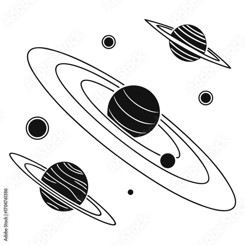 Stylized black and white illustration of planets with rings and moons orbiting in outer space on a white background