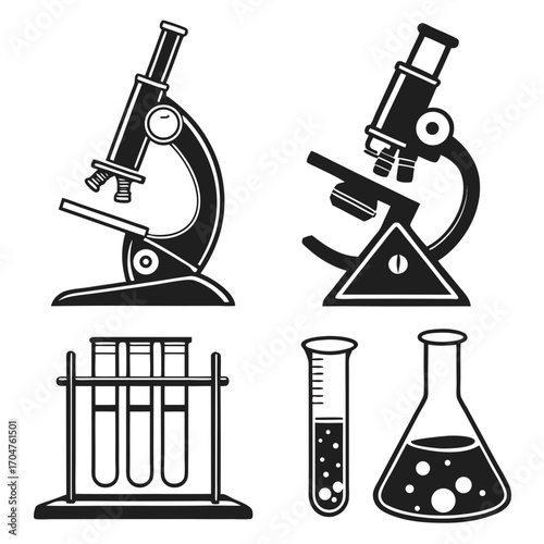 Collection of scientific laboratory equipment including microscopes test tubes and flasks in a stylized black and white illustration