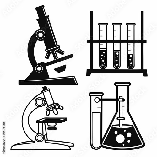 Collection of black and white science laboratory equipment icons including microscopes and test tubes with liquid