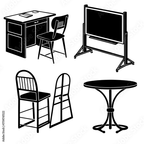 Collection of classroom and office furniture including a desk with chair a portable whiteboard a round table and a stackable chair with a separate backrest