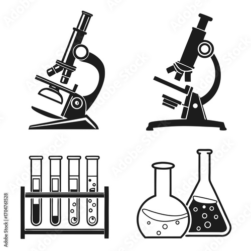 Collection of black and white scientific laboratory equipment icons including microscopes test tubes and flasks