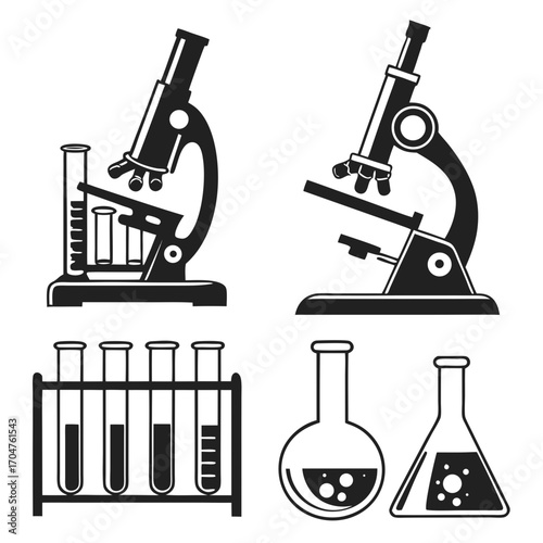 Collection of black and white scientific laboratory equipment icons including microscopes test tubes and flasks