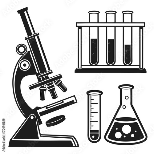 Black and white illustration of a microscope test tubes in a rack a graduated cylinder and a flask with bubbles