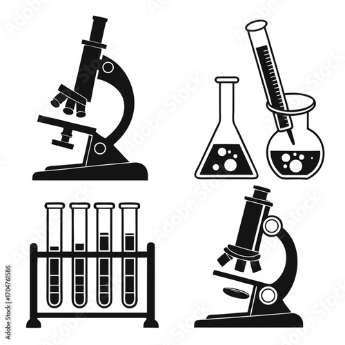 Collection of black and white scientific laboratory equipment icons including microscopes test tubes and flasks on a white background