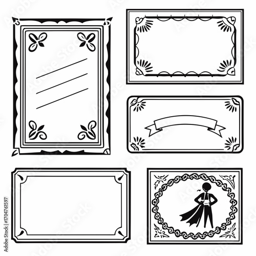 Collection of ornate decorative borders and frames with vintage flair and a bullfighter silhouette for graphic design