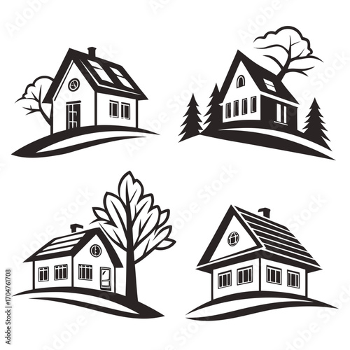 Collection of stylized black and white house icons with trees and rolling hills representing rural and suburban living