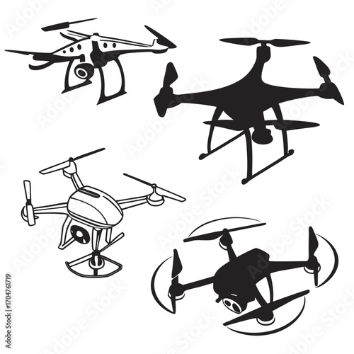 Collection of four drone illustrations in black and white showing different designs and perspectives for aerial photography and videography