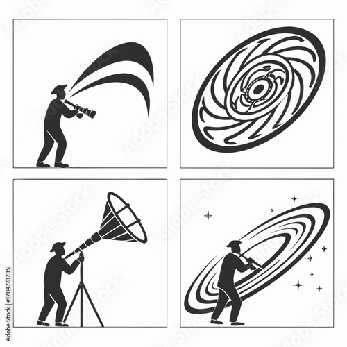 Astronomer observing the cosmos with telescopes and celestial bodies in a stylized graphic representation
