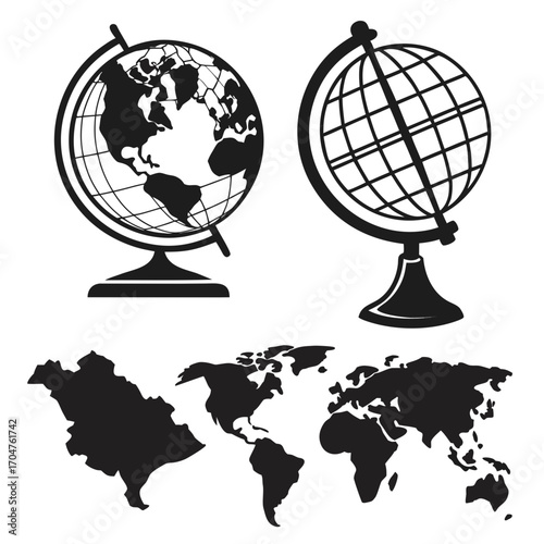 Set of black silhouette globes and world maps on a white background representing geography and global concepts
