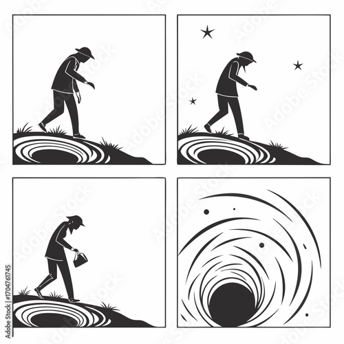 A person in a hat walks and looks down at swirling water and then into a black hole