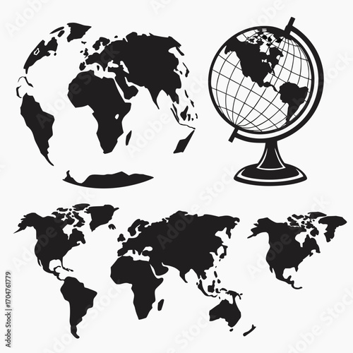 Collection of black silhouette illustrations depicting a stylized globe and world maps on a white background